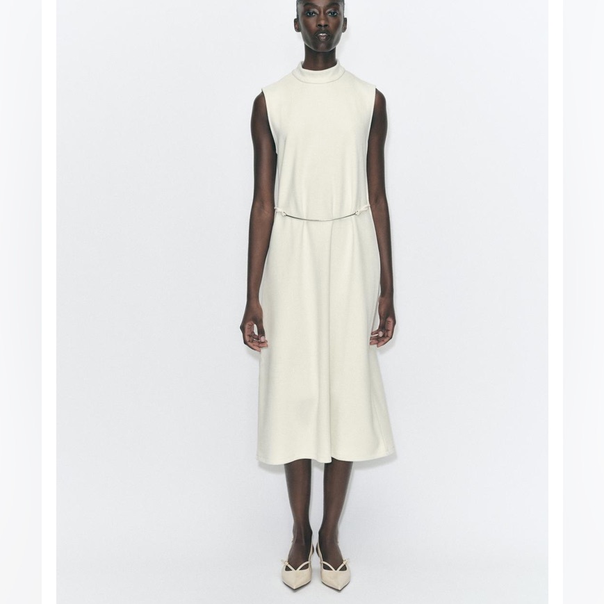 Zara Nwt Cream Lightweight Knit Midi Dress With Metal Belt Size Small